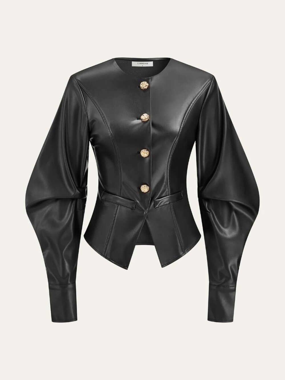 Commense Metal Button Puffed Sleeve PU Leather Jacket NWT, Size L